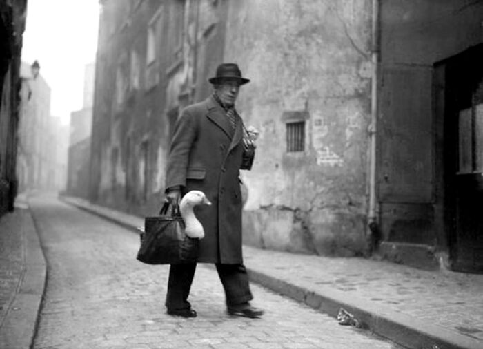 Man in vintage coat and hat carrying a bag with a goose on a cobblestone street in an old historical photo.