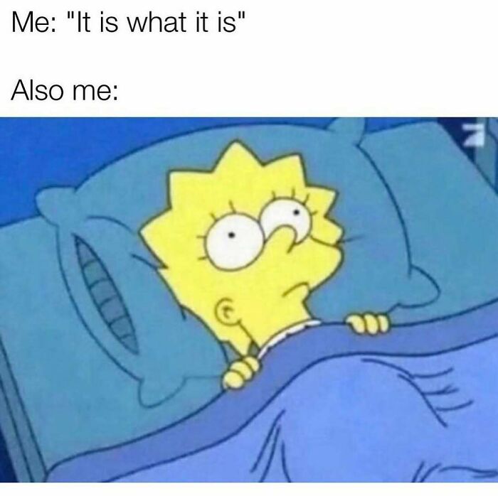 Cartoon character lying in bed with wide eyes, illustrating relatable energy in a humorous meme format.