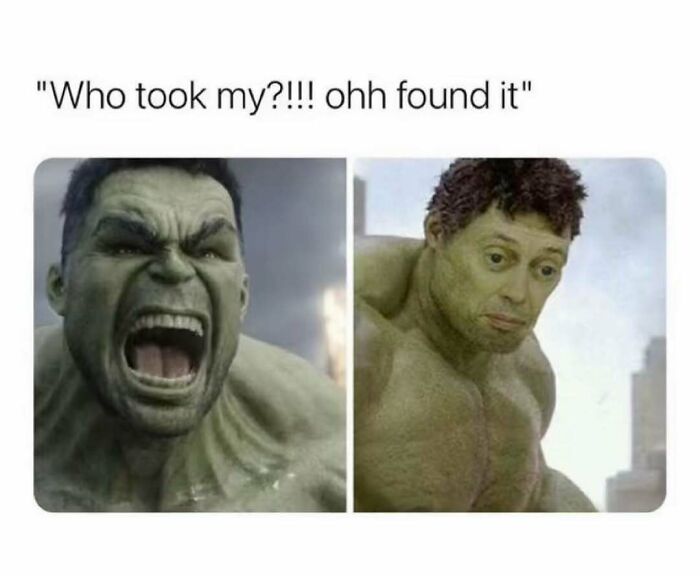Meme showing Hulk angrily yelling and then a calm Hulk with a relatable energy expression in a humorous comparison.