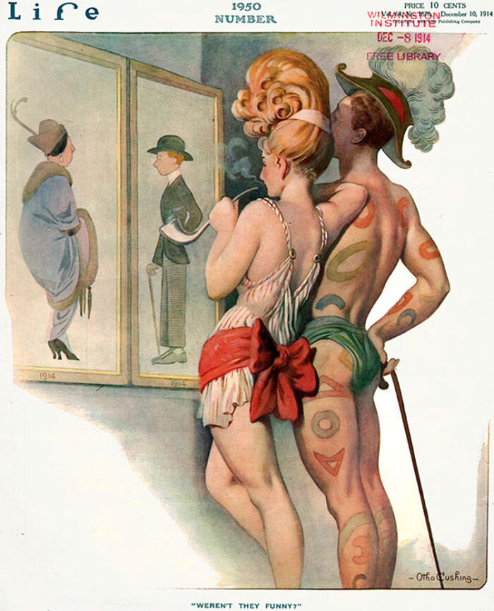 Vintage illustration showing two people in playful costumes looking at old-fashioned fashion drawings, history confusing now.