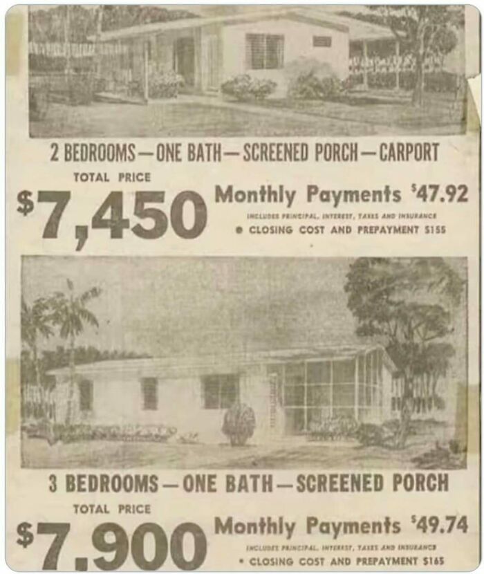 Vintage real estate ad showing prices for 2 and 3 bedroom homes with screened porches and carports.