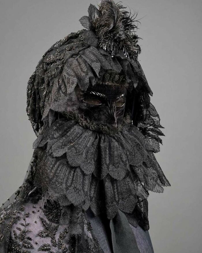 Intricate historical costume featuring lace and feathers creating a mysterious and confusing vintage look.