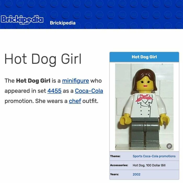 Lego Hot Dog Girl minifigure from Coca-Cola promotion featuring chef outfit and accessories in funny Wikipedia snippets.