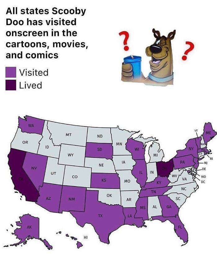 Map showing states Scooby Doo has visited or lived in, using charts and graphs to present interesting information visually.