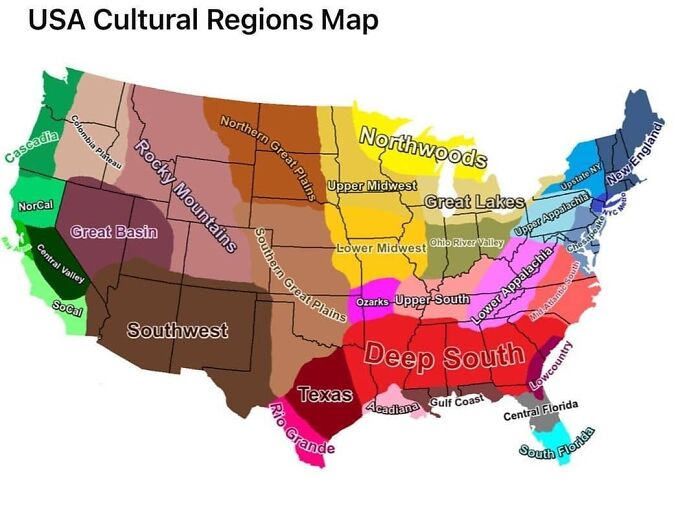 Map showing USA cultural regions with labeled areas like Deep South, Southwest, Rocky Mountains, and Great Lakes presented with interesting information.