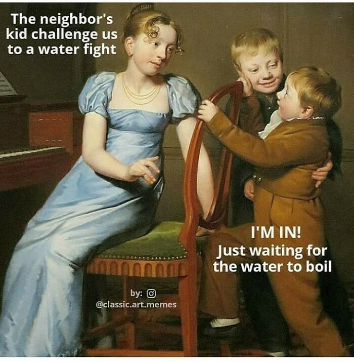 Classical art meme showing kids planning a water fight with playful and chaotic expressions in a historic setting.
