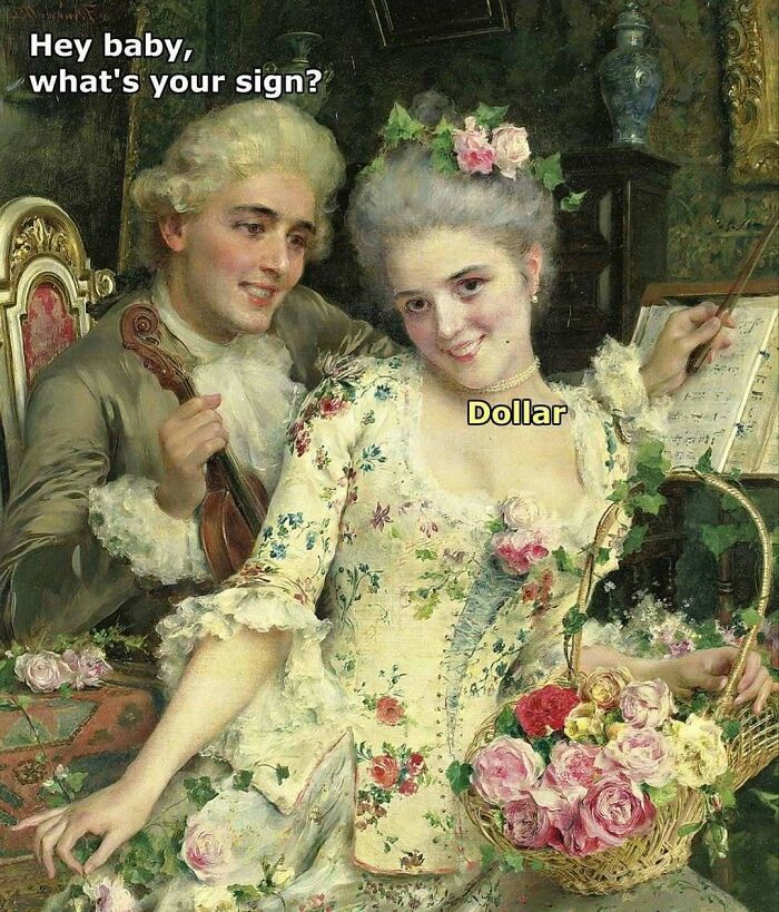 Classical art meme showing a woman with flowers and a man holding a violin with humorous text about zodiac signs.