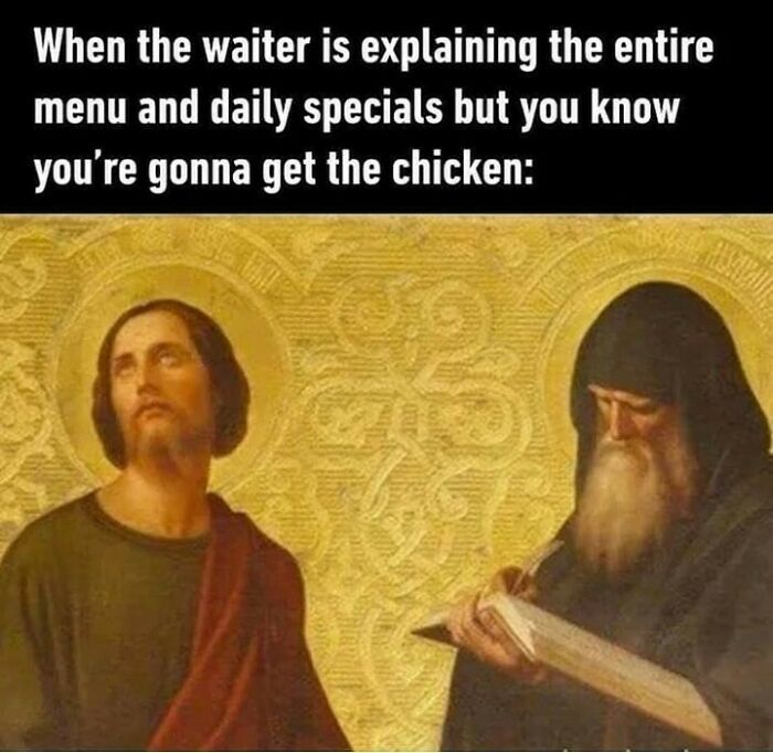 Classical art meme showing a frustrated figure ignoring a long menu explanation, highlighting iconic chaotic humor.