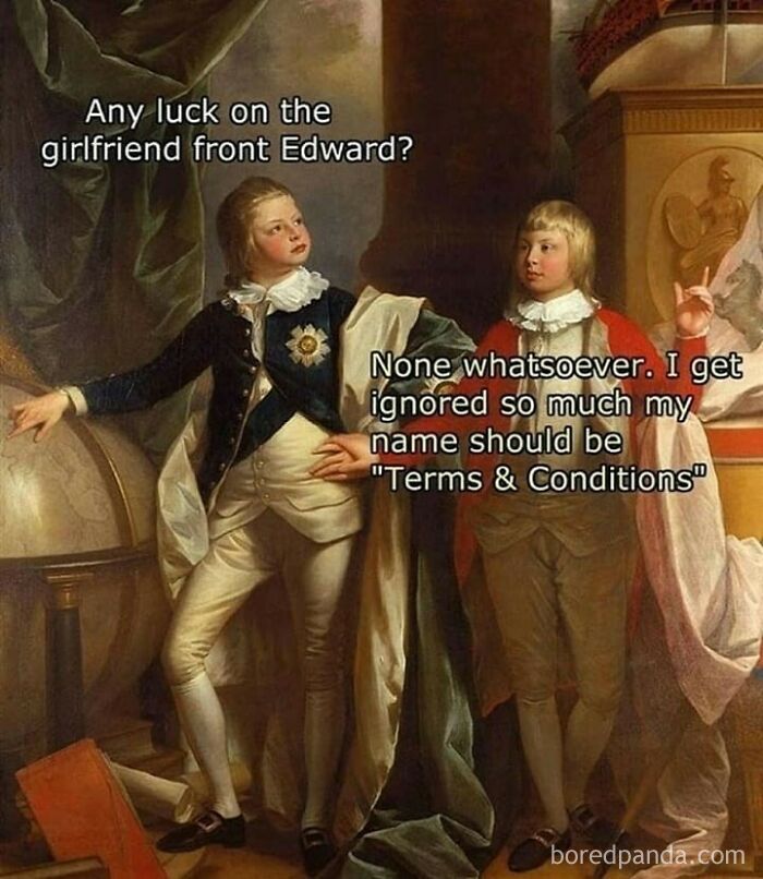 Two young men in classical art style with meme text about being ignored, part of chaotic classical art memes.