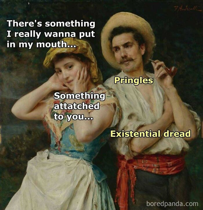 Classical art meme showing a humorous dialogue about Pringles and existential dread with a vintage painting background.