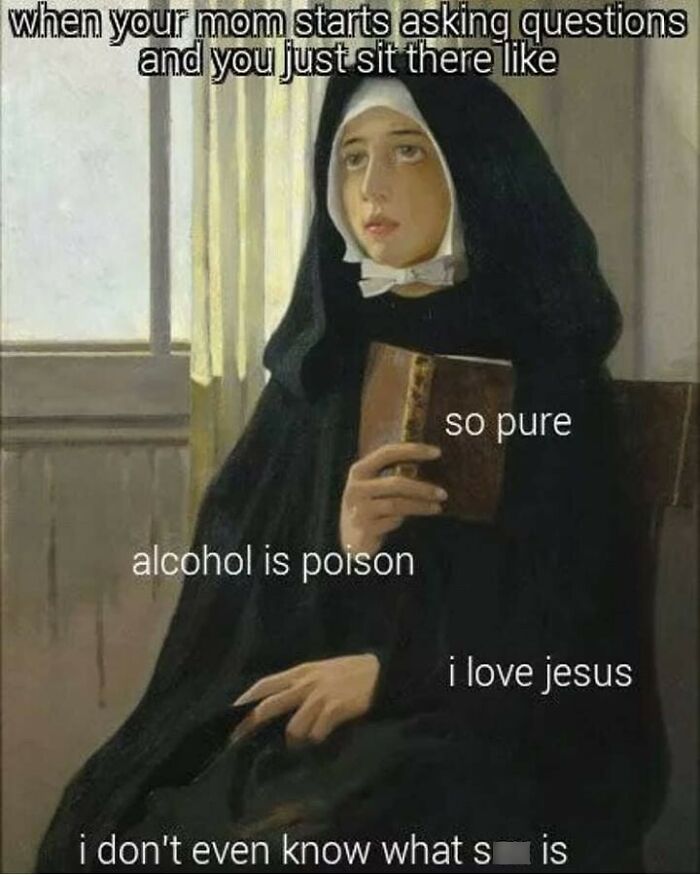 Classical art meme of a nun holding a book with humorous text about purity and innocence.