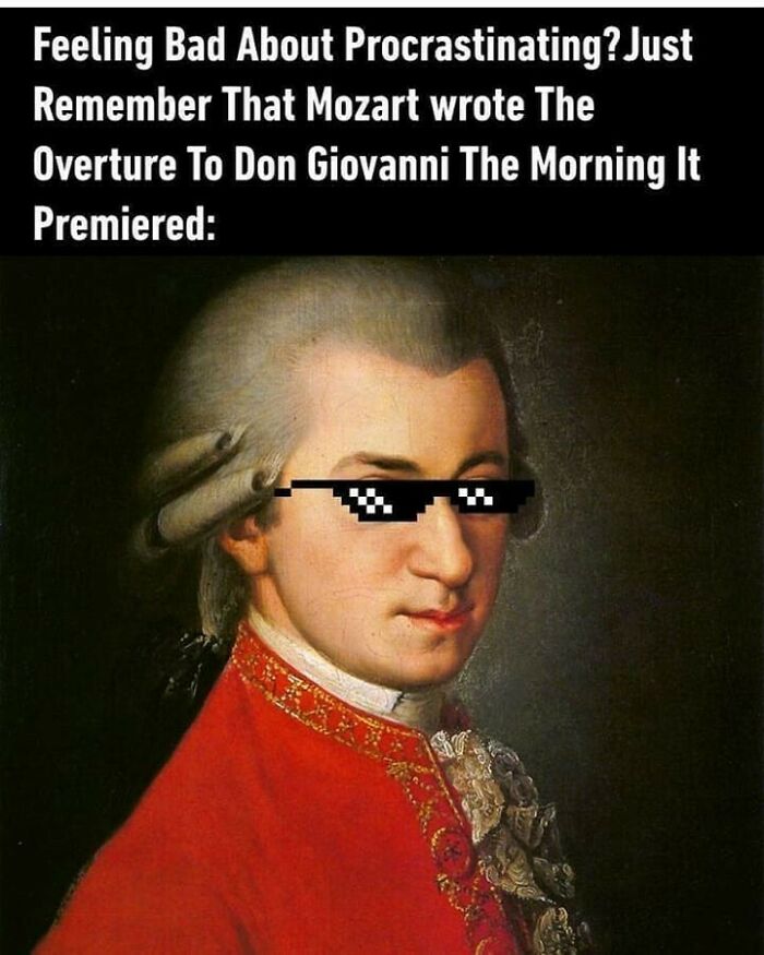 Portrait of Mozart wearing pixelated sunglasses in a chaotic classical art meme about procrastination and creativity.