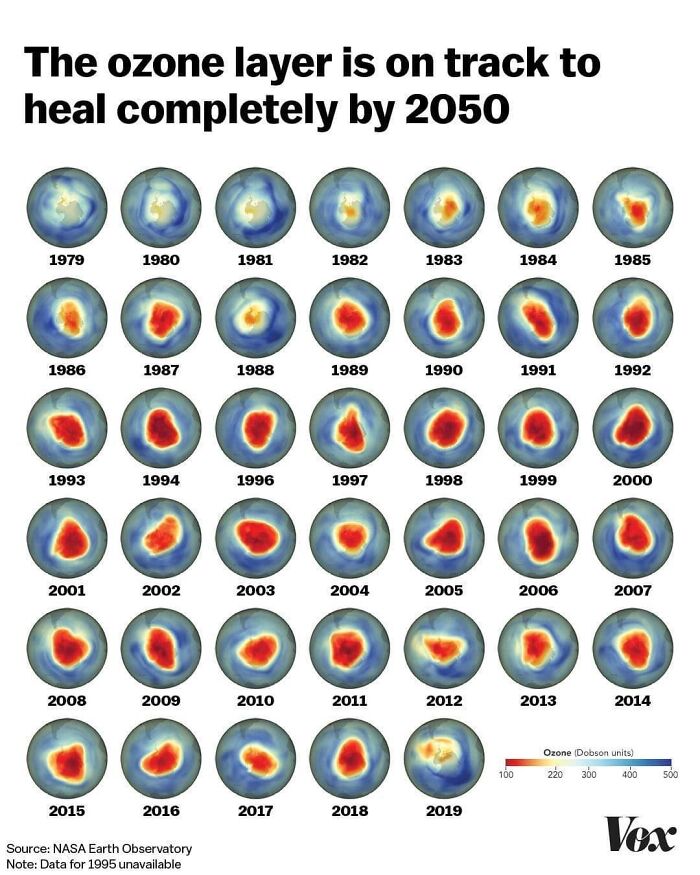 Series of maps and charts showing ozone layer changes from 1979 to 2019, illustrating interesting information through visual data.