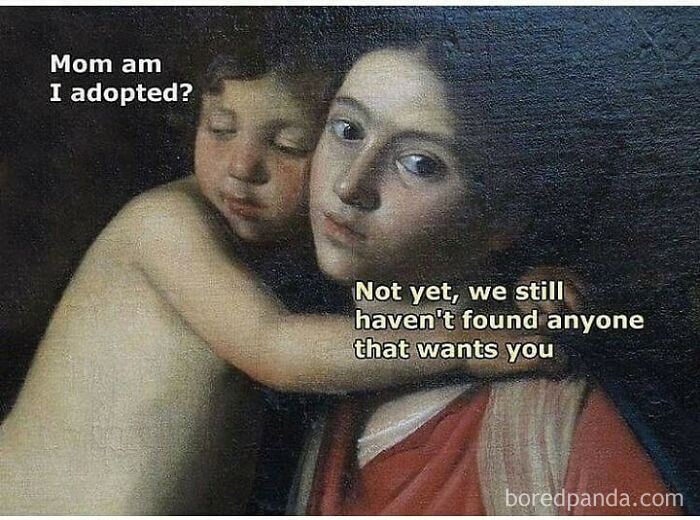 Classical art meme featuring a child asking if adopted with a somber mother figure in a chaotic art style.