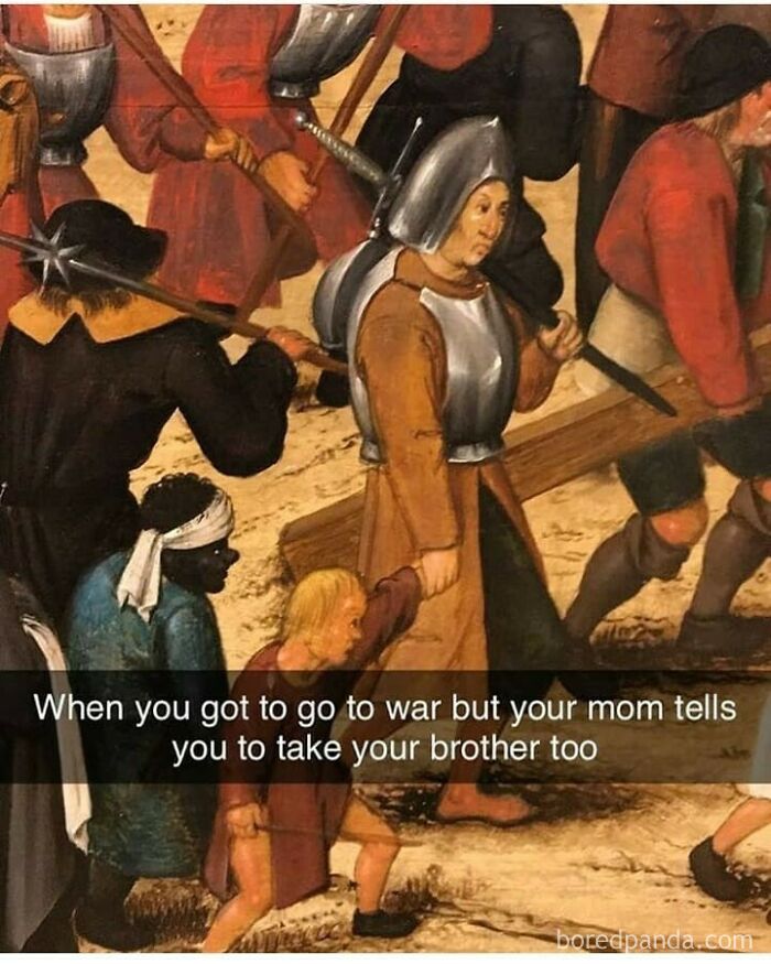 Medieval soldier reluctantly leading a child to war, classical art meme capturing chaotic humor and family dynamics.