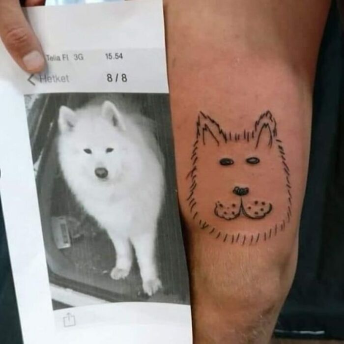 Photo of a bizarre tattoo showing a poorly drawn dog face compared to the original dog photo held beside it.