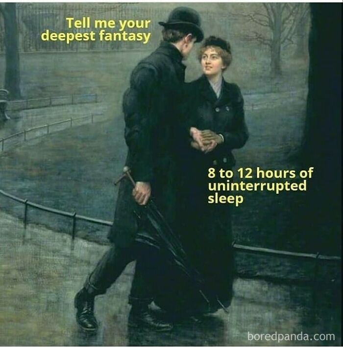 Couple in classical art meme discussing deepest fantasy and uninterrupted sleep in a chaotic classical art meme.