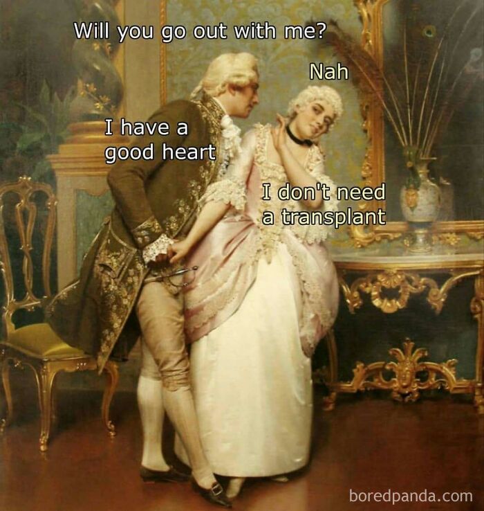 18th-century couple in elegant attire with humorous classical art memes about hearts and rejection.