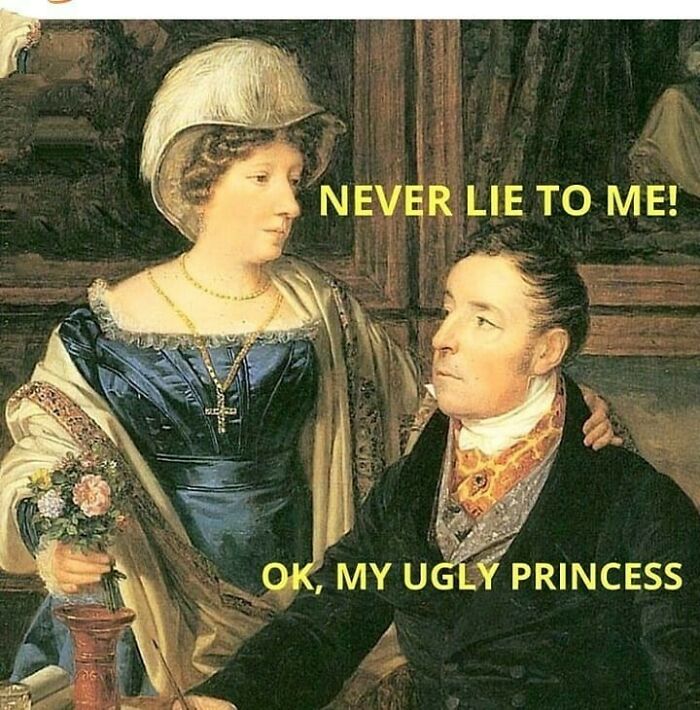 Classical art meme featuring a woman demanding truth and a man responding with a sarcastic comment.