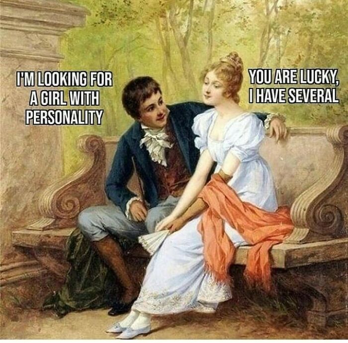 Vintage classical art meme with a man and woman on a bench, humorous dialogue showcasing iconic and chaotic classical art memes.