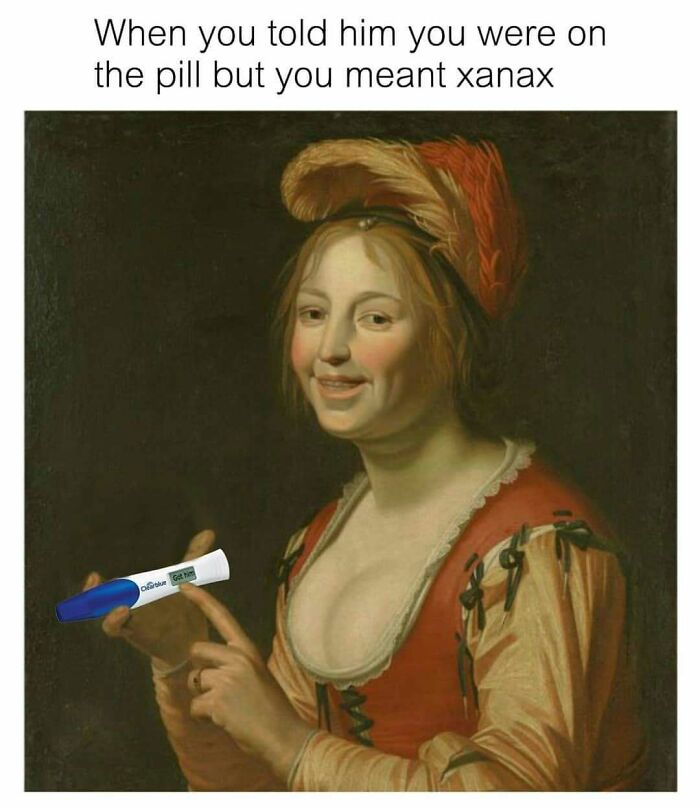 Classical art meme showing a woman with a positive pregnancy test, blending iconic and chaotic humor styles.