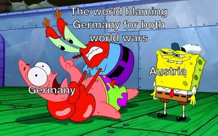 SpongeBob meme humor about Germany and Austria, referencing blame in world wars, related to history memes and learning past events.