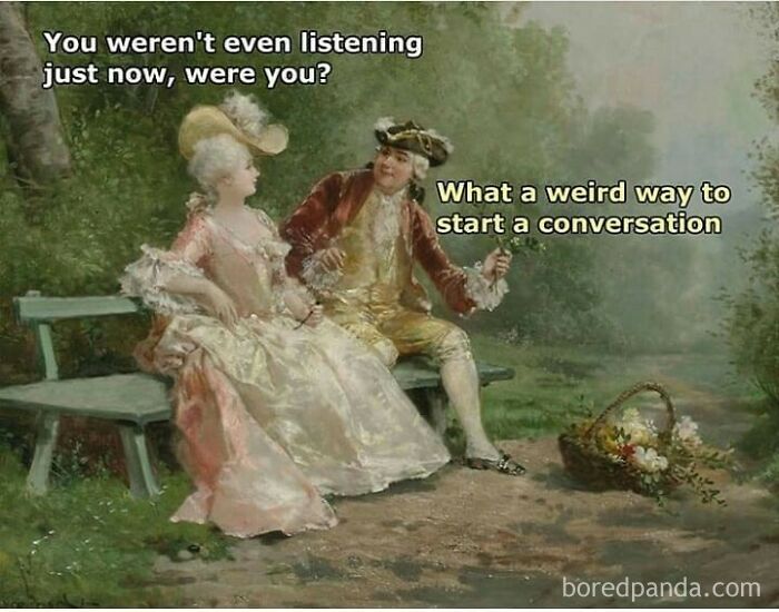 Couple in classical attire on a bench with funny captions, an iconic and chaotic classical art meme.