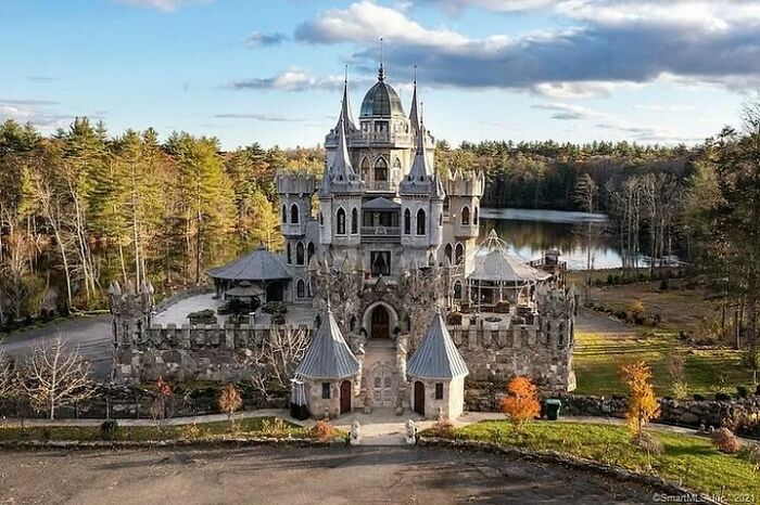 Extravagant castle-style real estate listing surrounded by trees and a lake, showcasing unhinged real estate design choices.
