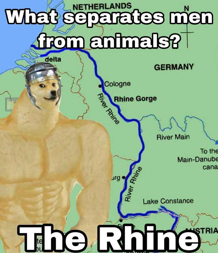 Buff Doge meme in Roman helmet with map showing the Rhine River, a history meme referencing past geography and boundaries.
