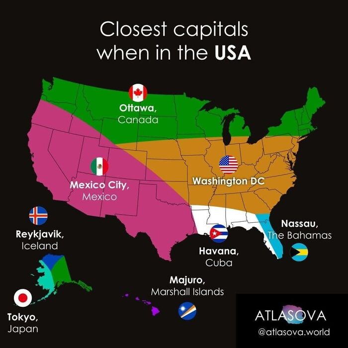 Map showing closest capitals when in the USA with color-coded regions and flags, presenting interesting information through maps and charts.