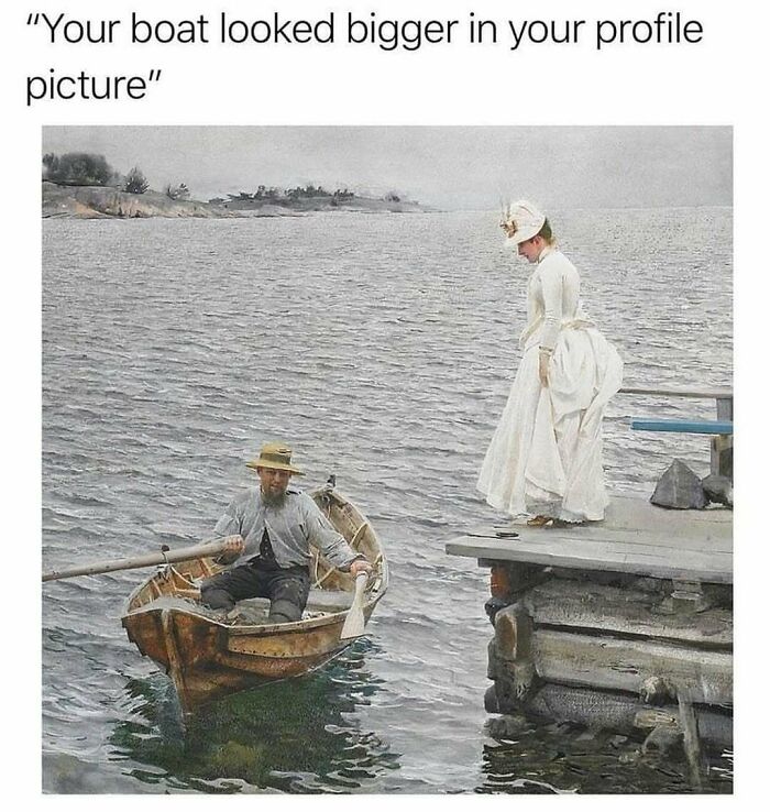 Man rowing a small boat near a woman in vintage dress on dock, classical art meme with chaotic humor.