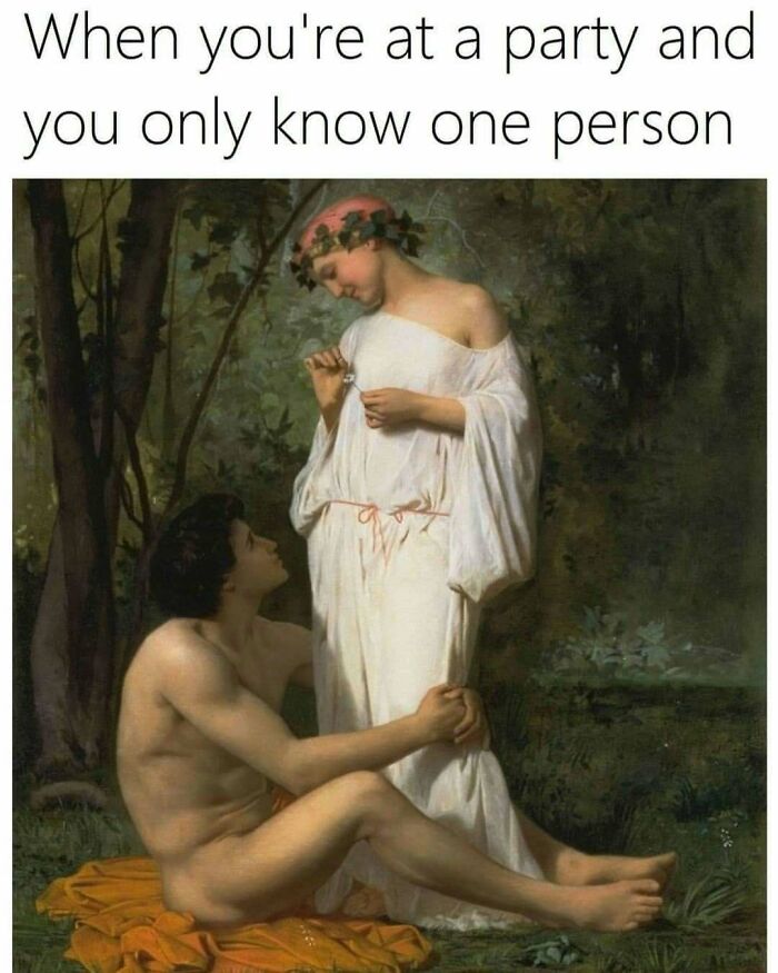 Classical art meme showing a shy interaction between a n**e man and a woman in ancient-style clothing at a party.