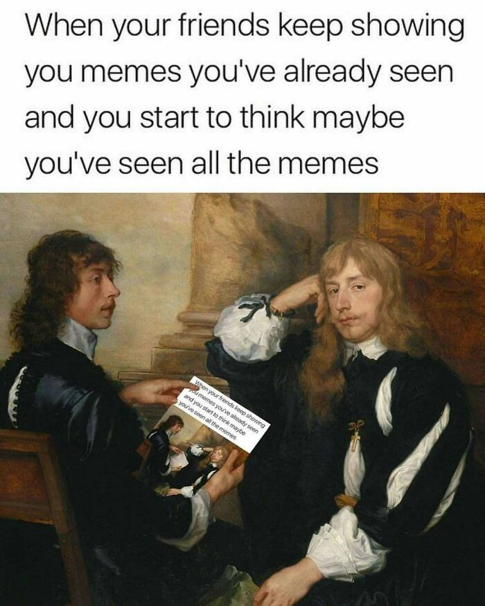Two men in classical art style with one showing a meme to the other, humorously reflecting iconic and chaotic classical art memes.