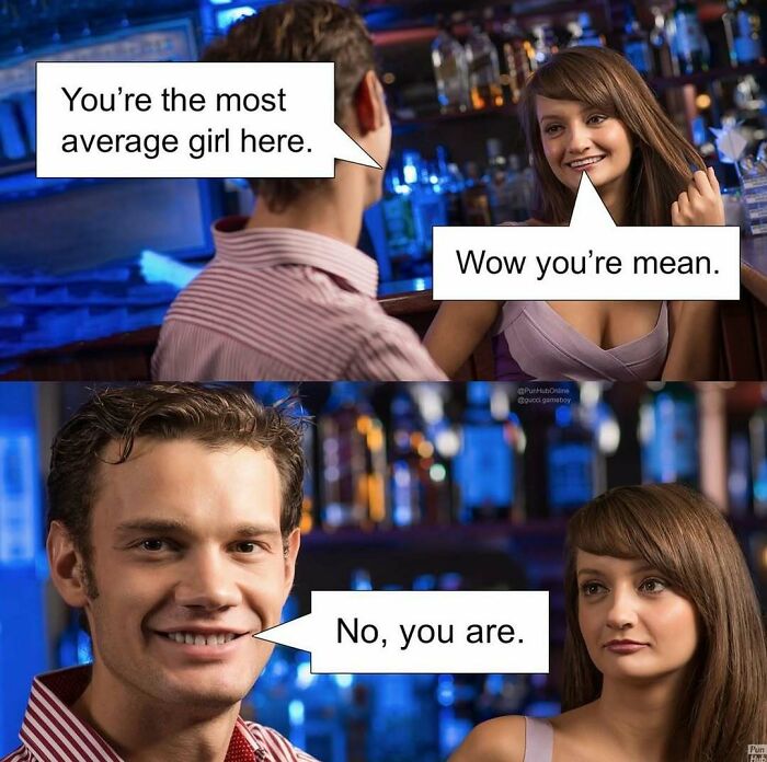 A man and woman exchanging pun memes about being average and mean in a bar, showcasing wordplay comedy.
