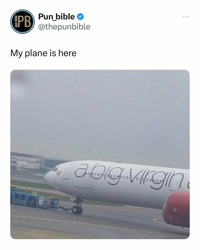 Tweet from Pun_bible with a pun on an airplane labeled "a big virgin," showcasing hilarious pun memes and wordplay comedy.