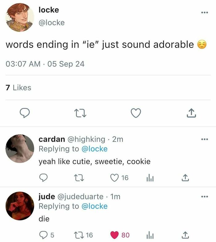 Twitter conversation showing pun memes with words ending in "ie" like cutie, sweetie, cookie, highlighting hilarious pun memes and wordplay comedy.