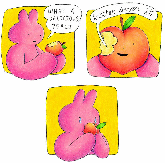 Comic panels featuring a pink creature and a talking peach from comics with strange little creatures feeling weirdly understood.