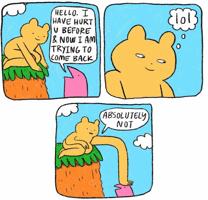 Comic featuring strange little creature with awkward humor expressing rejection and strange emotions on a cliff.