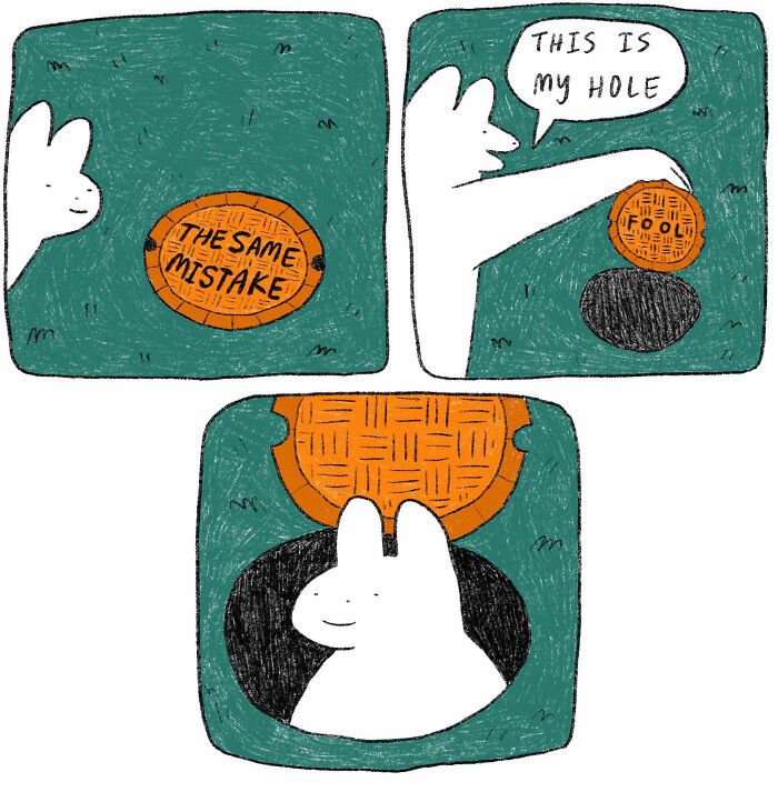 Comic featuring a strange little creature discovering a hole labeled the same mistake, conveying weirdly understood emotions.