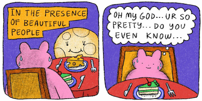 Comic panel featuring a strange little pink creature feeling shy and admiring beautiful people at a table with cake.