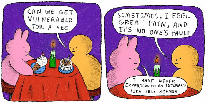 Two strange little creatures at a table discussing vulnerability and emotional pain in a colorful comic strip.