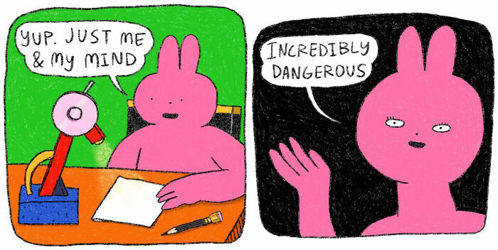 Pink comic character sitting at a desk talking about mind and feeling incredibly dangerous in strange little creatures comic.