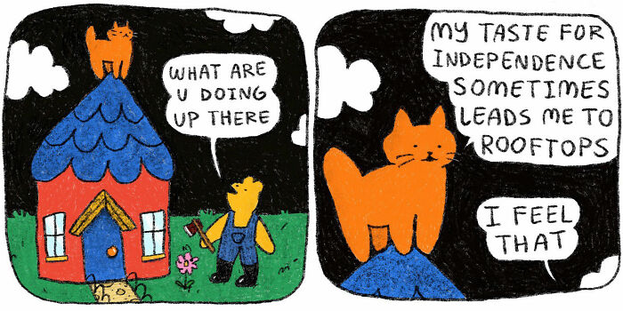 Comic panels showing a strange little orange creature on a rooftop expressing feelings of independence and understanding.