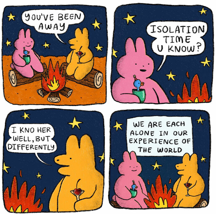 Two strange little creatures share drinks by a campfire in a comic about feeling weirdly understood.