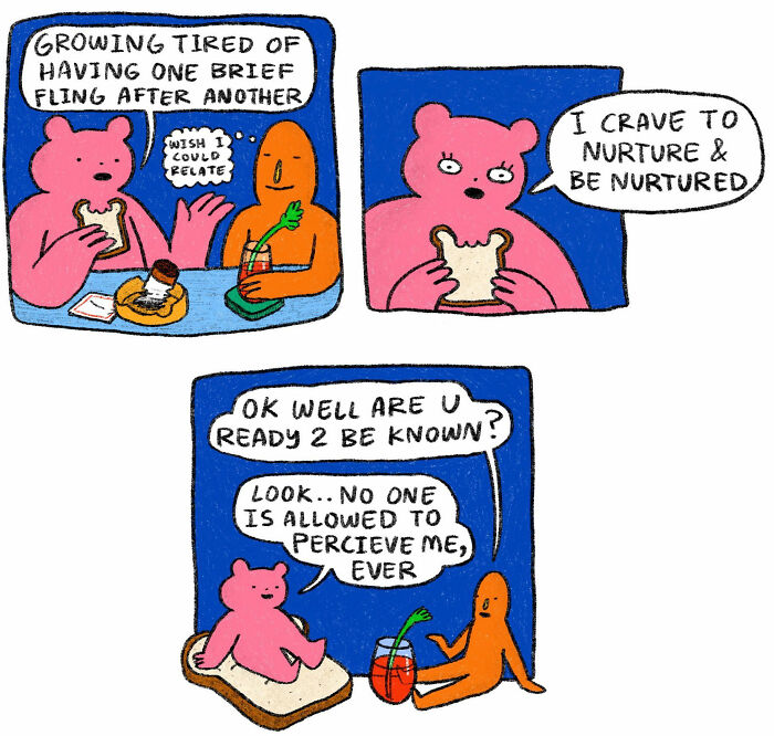 Comic panels featuring strange little creatures discussing feelings of being misunderstood and craving connection.