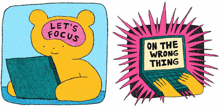 Two comics featuring strange little creatures, one with a bear wearing a focus mask and another with hands typing on a laptop.