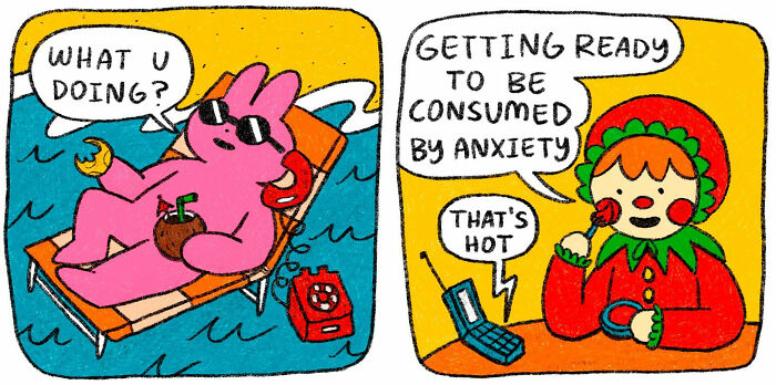 Comic featuring strange little creatures with quirky dialogue about anxiety and feeling weirdly understood in colorful panels.