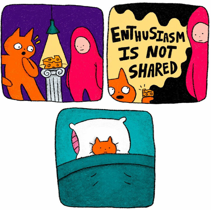 Comic strip with strange little creatures and a cat showing awkward enthusiasm and feeling weirdly understood.