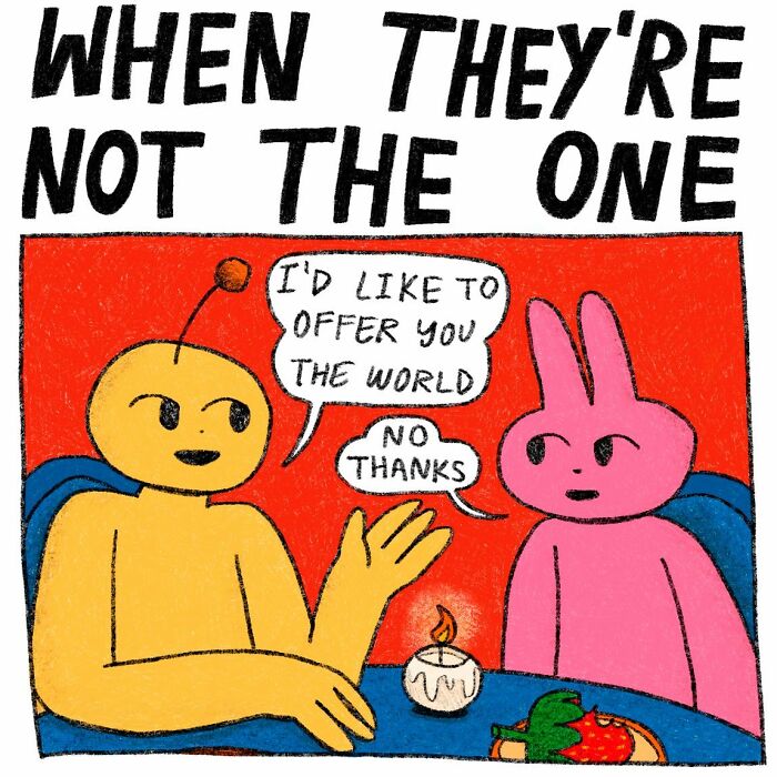 Comic panel featuring strange little creatures, one offering the world and the other declining, expressing awkward feelings.
