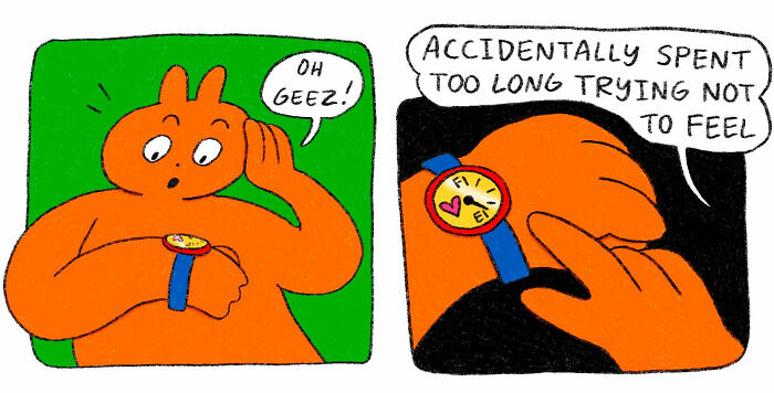 Orange comic character checking watch, expressing frustration, representing strange little creatures that feel weirdly understood.